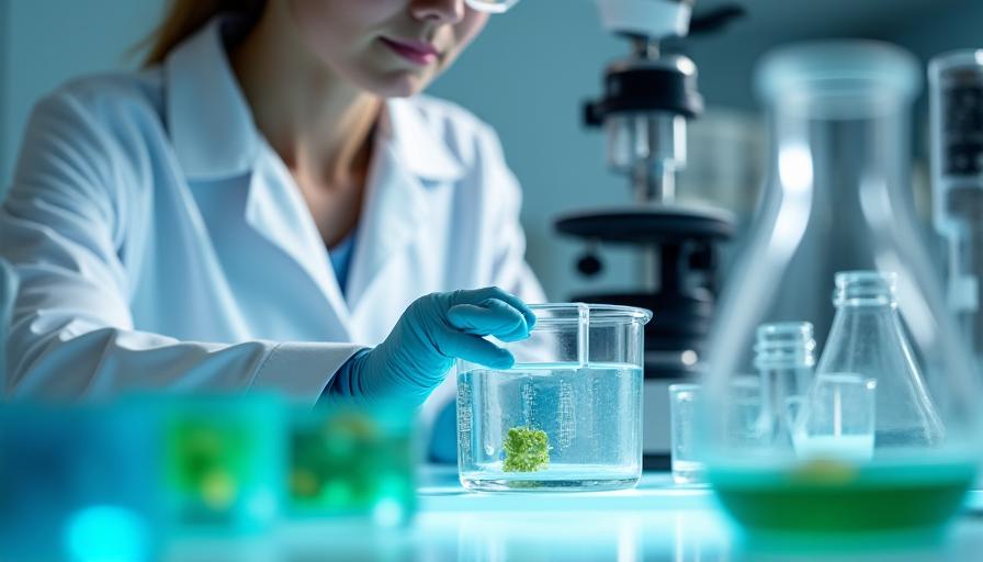Scientifique manipulant un bio-fertilisant en laboratoire