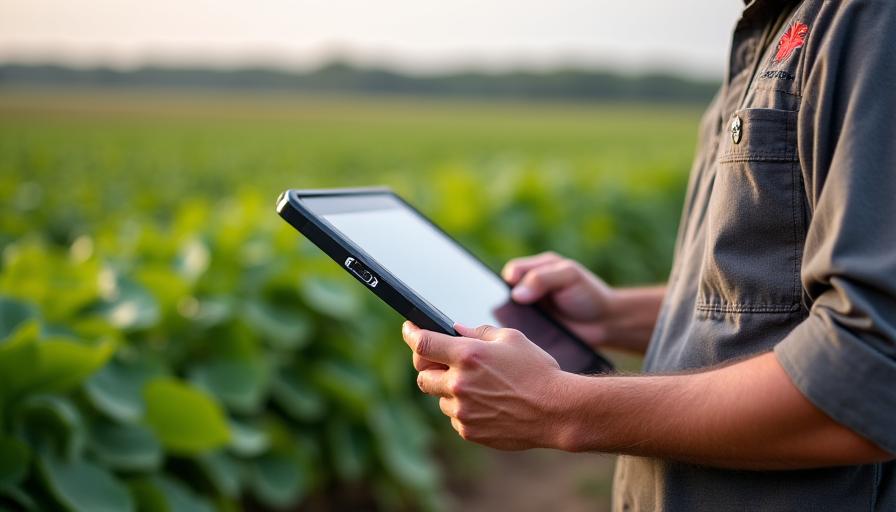 Agronome utilisant une tablette dans un champ