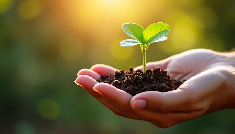 Main tenant une jeune pousse de plante